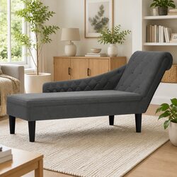 Grey Fabric Chaise Lounge Chair with Dimensions and Details
