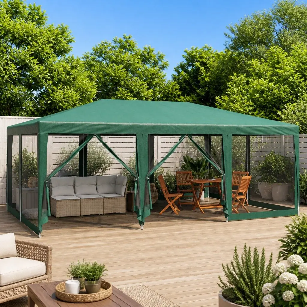 Party Tent Outdoor Garden 6x4 m Gazebo with Mesh Sidewalls Green