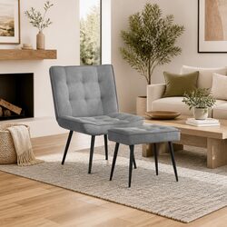 Grey Velvet Upholstered Chair with Footstool Details