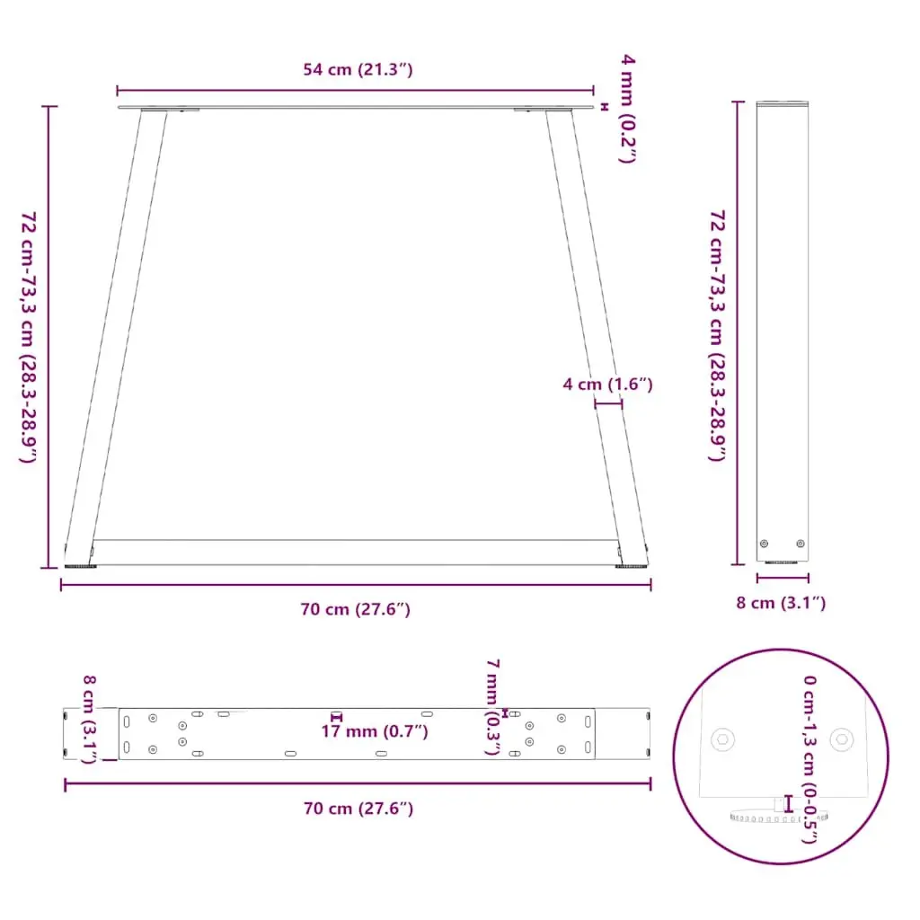 Dining Table Legs V-Shape Steel for Custom Dining Table Black 70x72-73.3cm 2pcs Adjustable Levellers