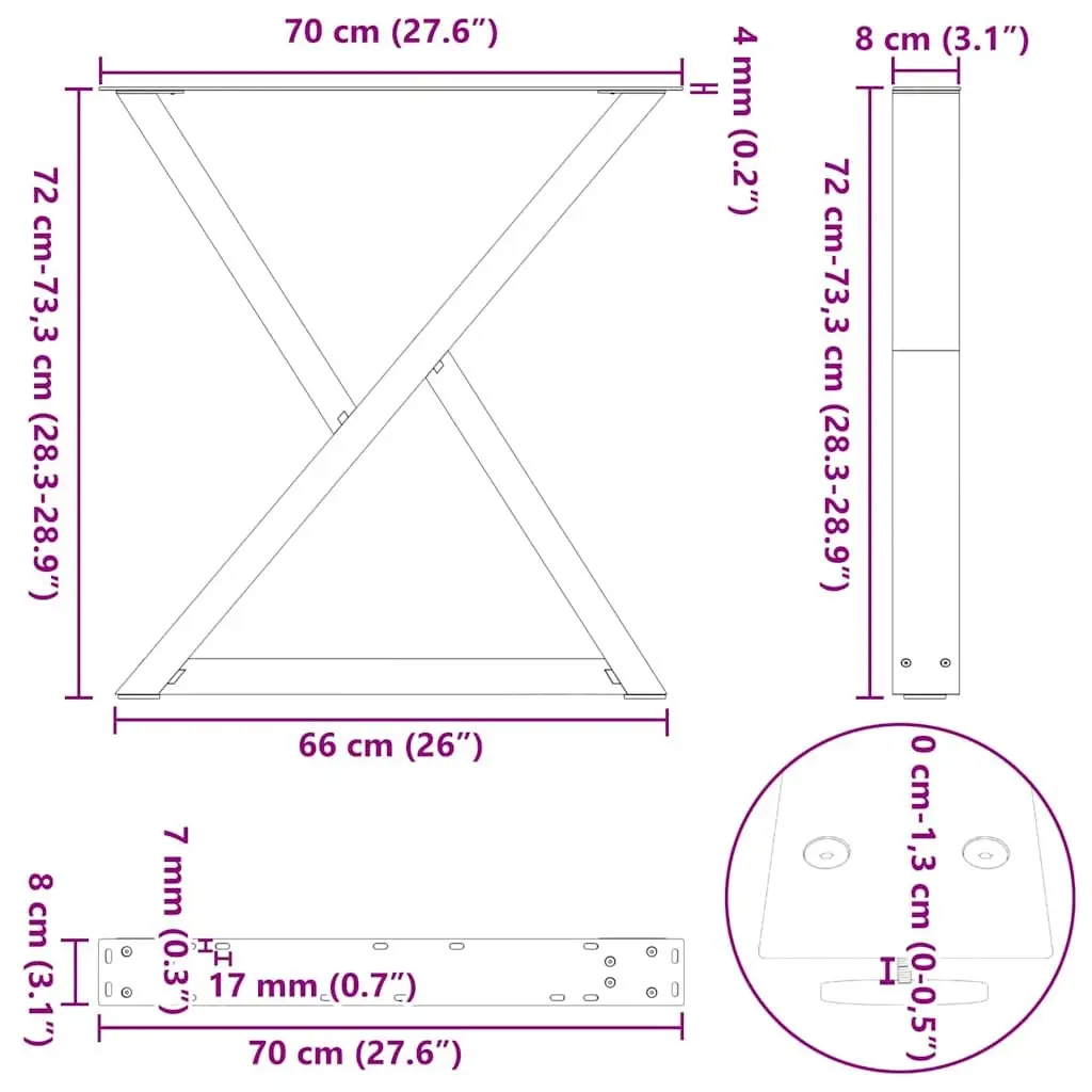 Dining Table Legs 2 pcs Black Steel 70x72-73.3cm with Adjustable Feet Levellers