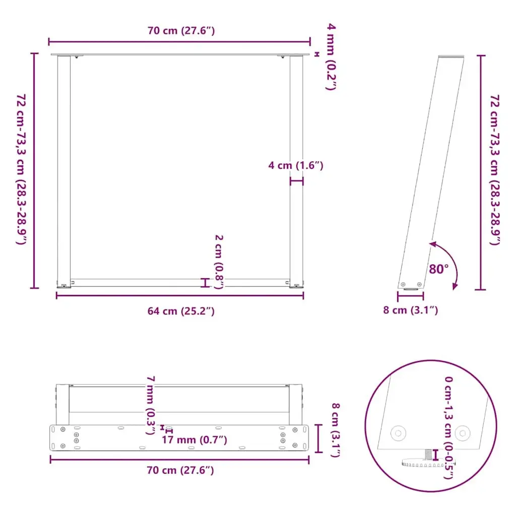 Dining Table Legs U-Shaped 2 pcs Black Steel 70x72-73cm Adjustable Levelers