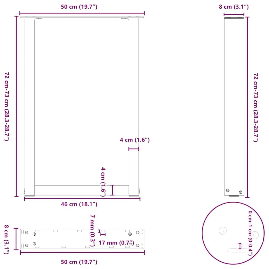 U-Shaped Steel Dining Table Legs Black Support Frame 50x72-73cm Adjustable Levelers