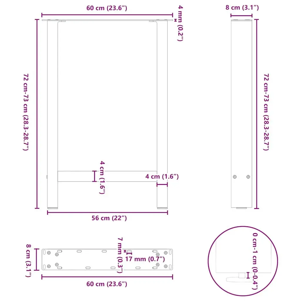 Black Steel Dining Table Legs 60x72-73cm with Adjustable Levelers
