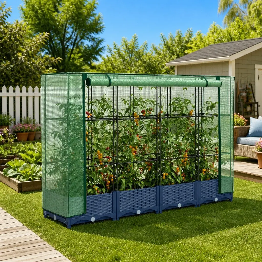Raised Bed Greenhouse Cover Garden Planter Rattan Look 160x40x123cm Grey Growing