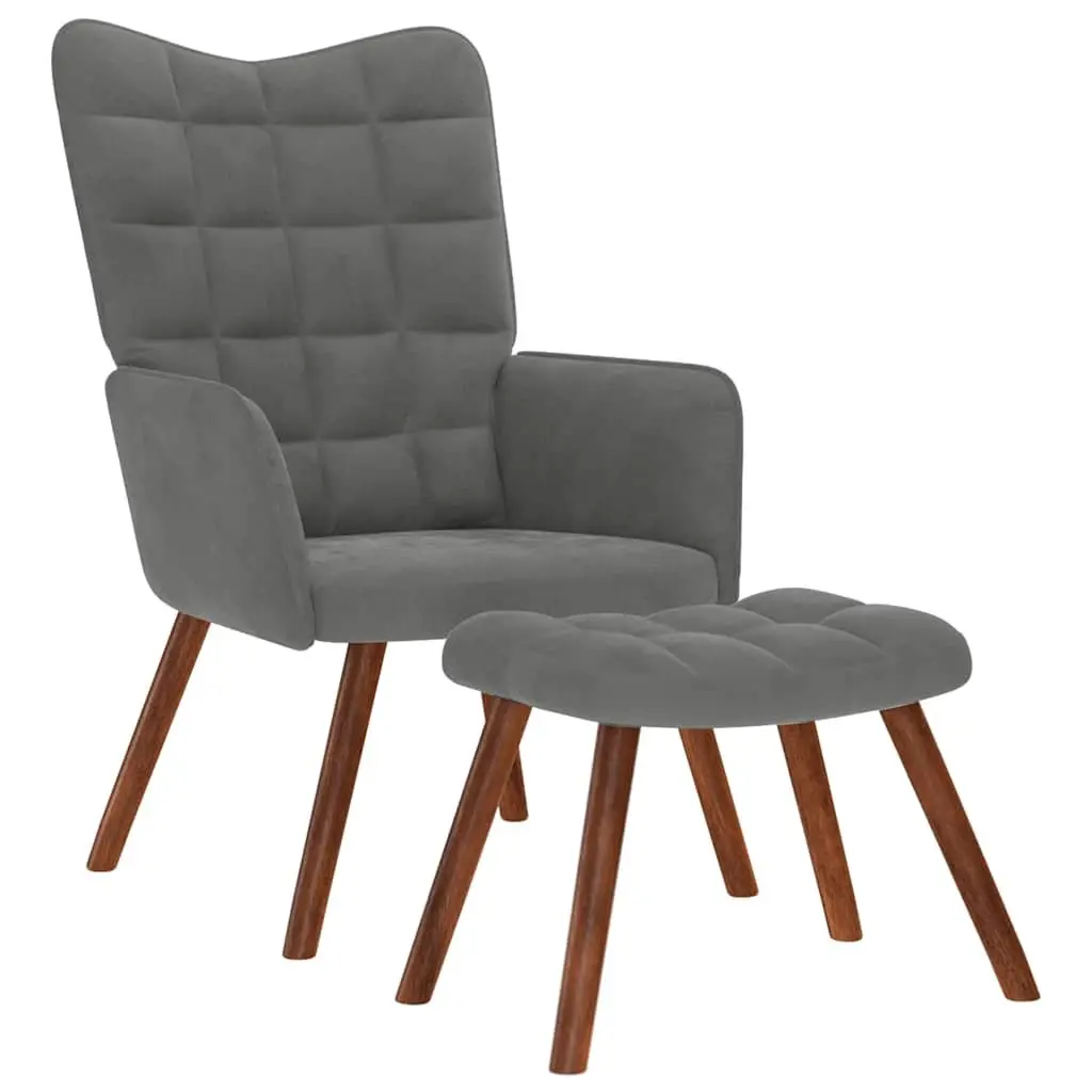 Grey Velvet Armchair with Stool