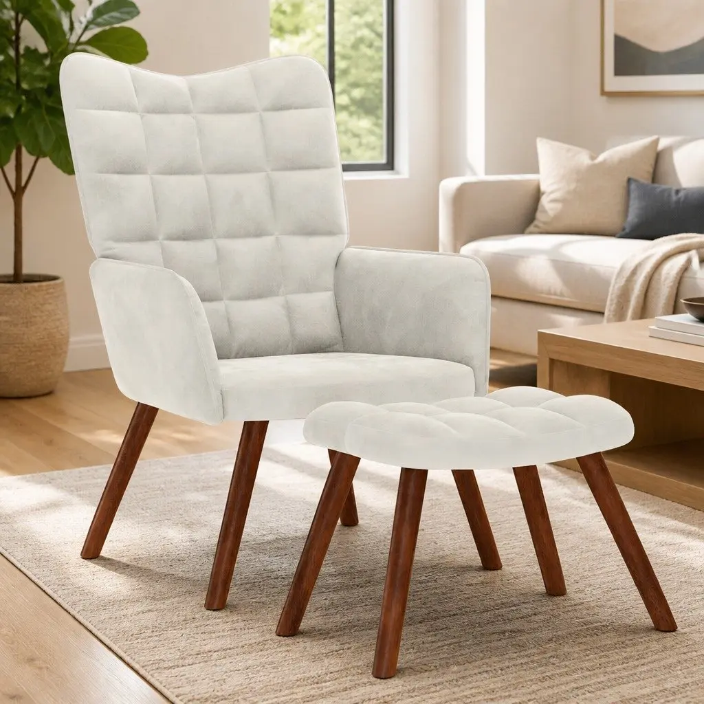 Relaxing Chair for Living Room Cream Velvet Armchair with Stool
