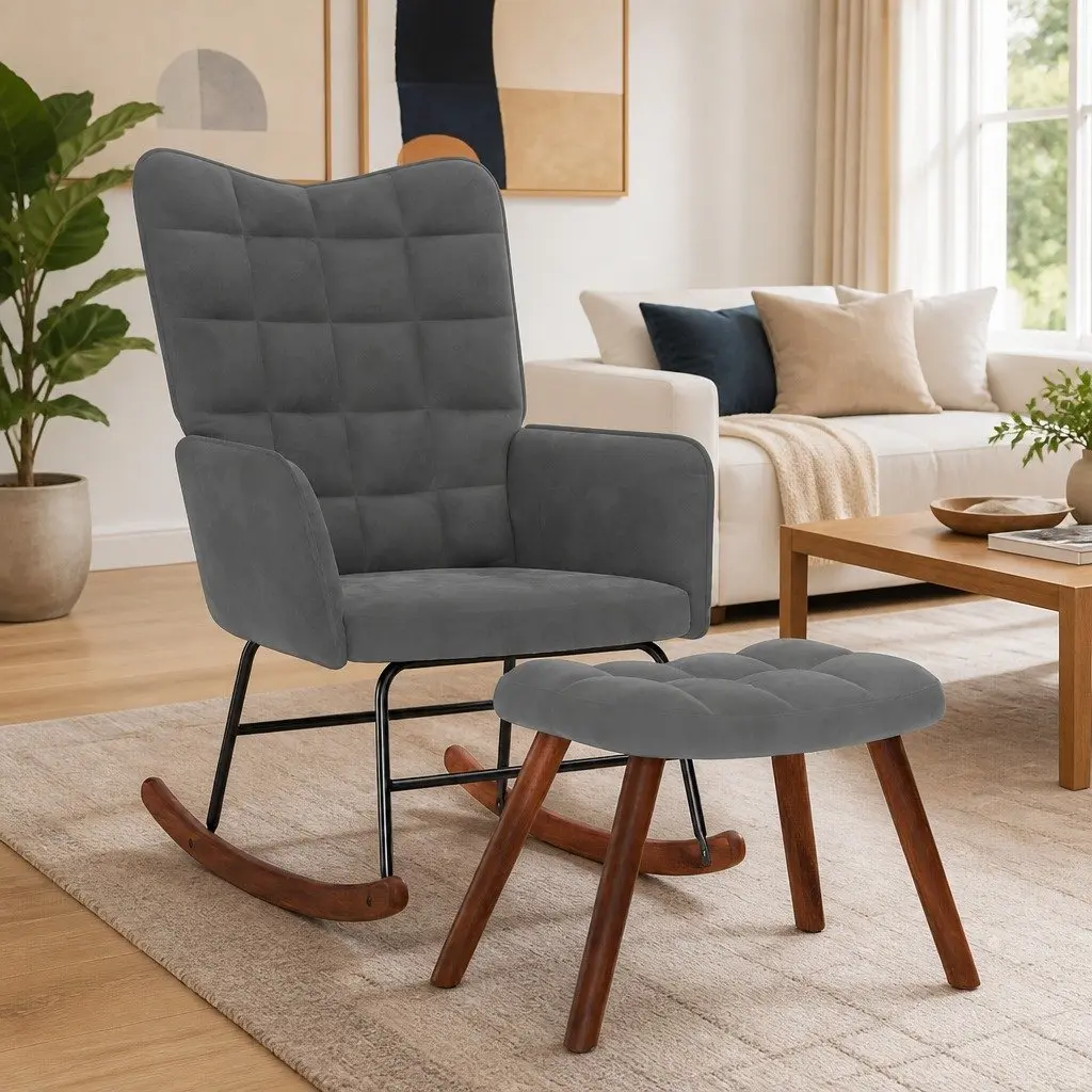 Grey Velvet Rocking Chair and Stool