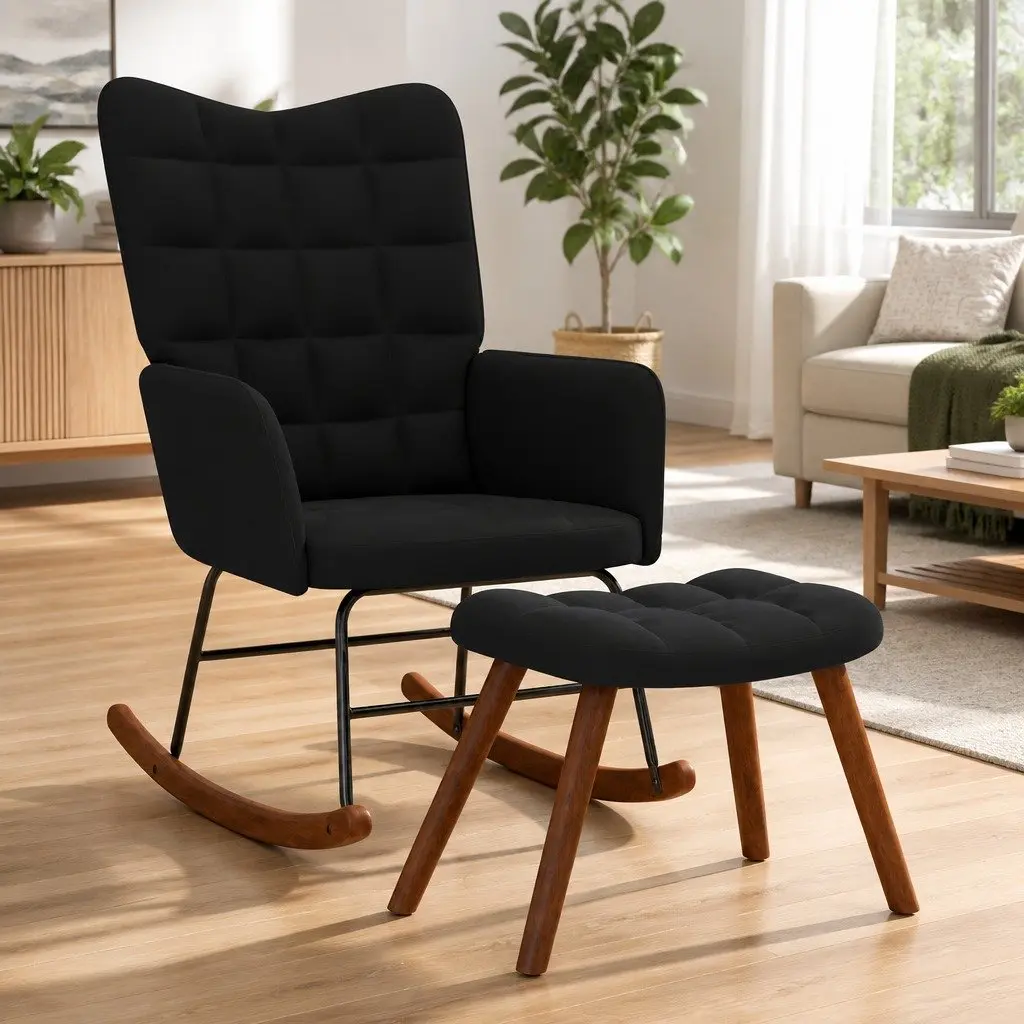 Black Velvet Rocking Chair with Stool
