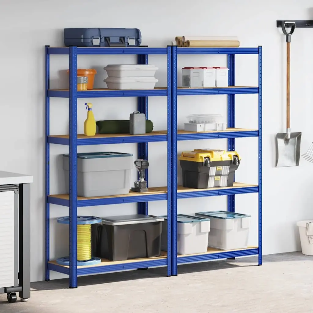 5-Layer Industrial Storage Shelves Blue Steel Engineered Wood Garage Rack 2 Pack