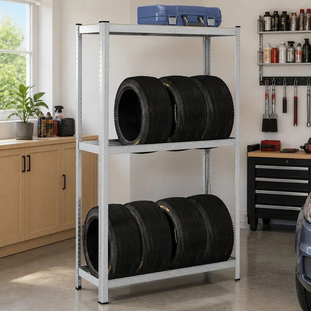2-Layer Tyre Shelf Storage Rack Garage Workshop Silver Steel 110cm W x 40cm D x 180cm H