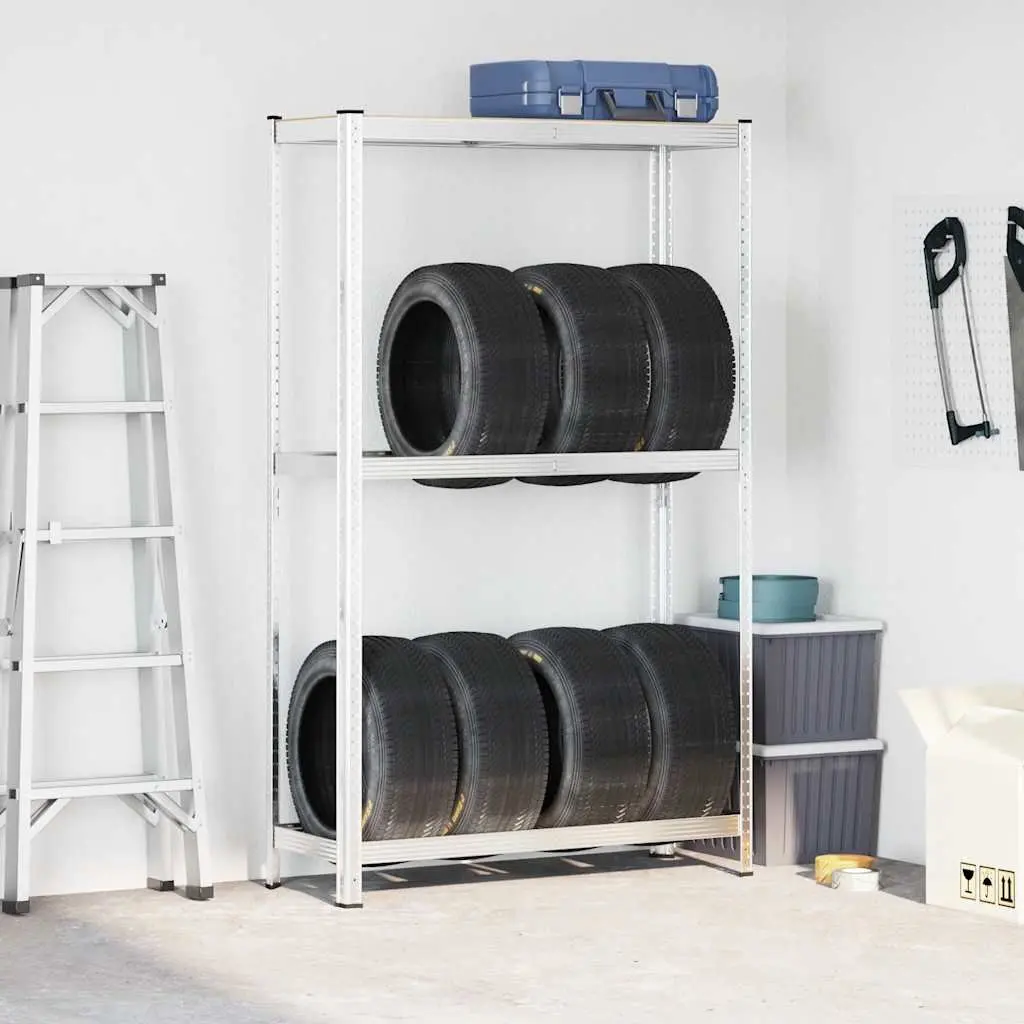 2-Layer Tyre Shelf Storage Rack Garage Workshop Silver Steel 110cm W x 40cm D x 180cm H
