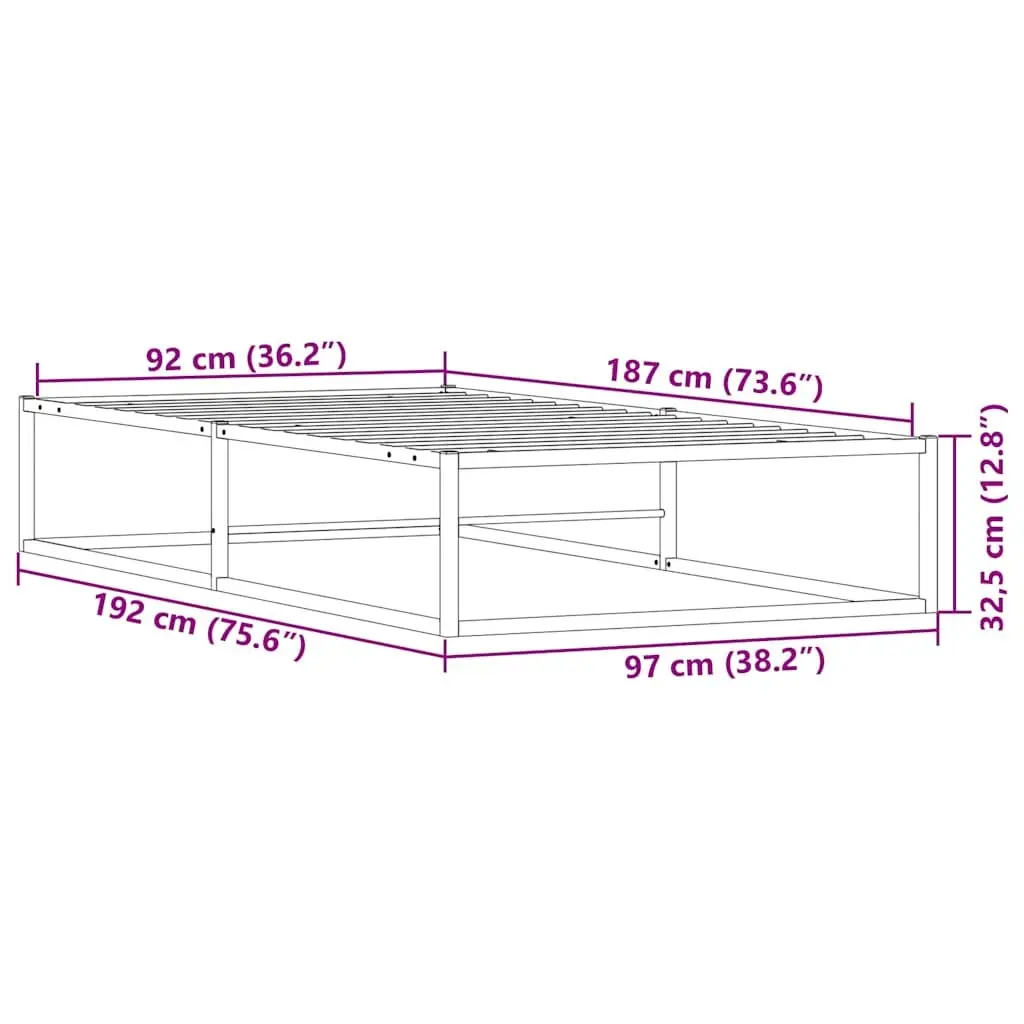 Metal Bed Frame Single 92x187 cm Black Slatted Base Storage Space