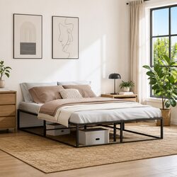 Double Metal Bed Frame 137x187 cm Black Slatted Base Storage Space Bedroom