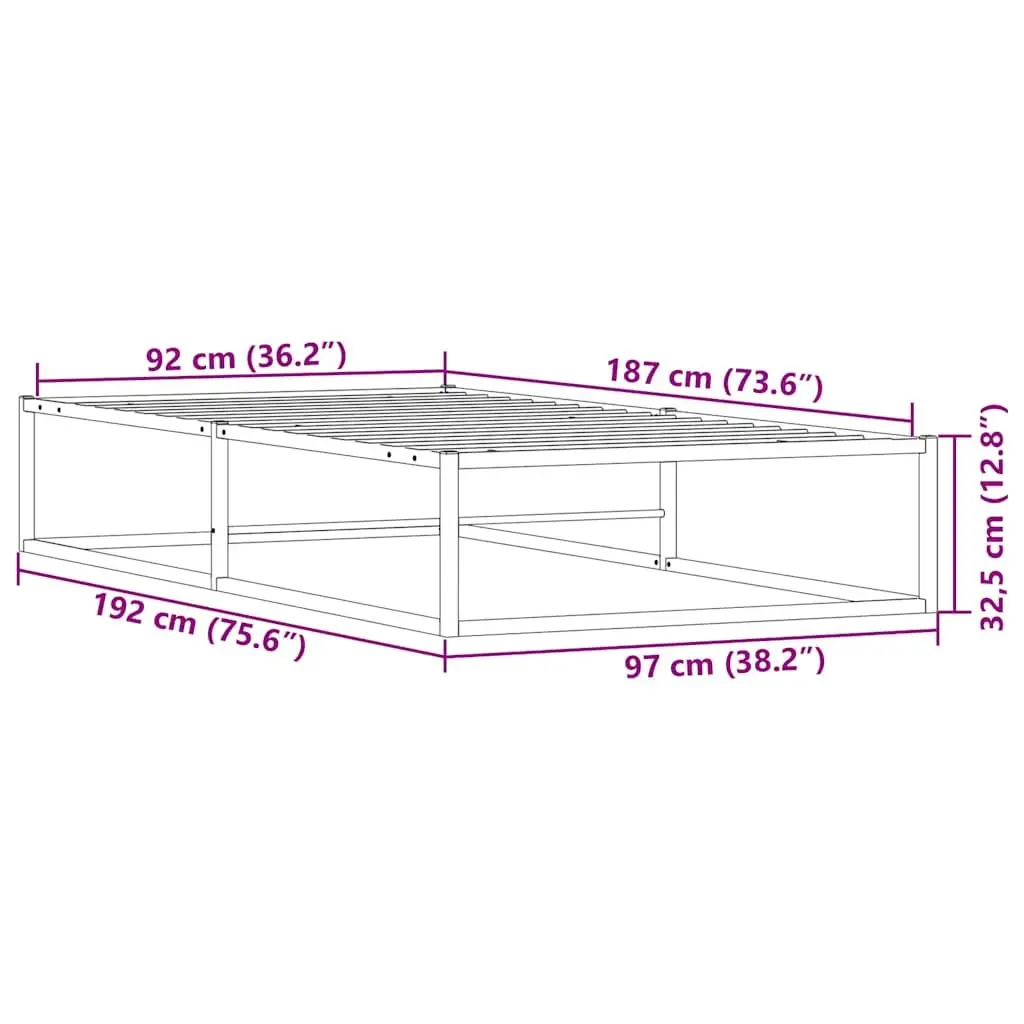 Single Metal Bed Frame 92x187 cm White Slatted Base Storage Space