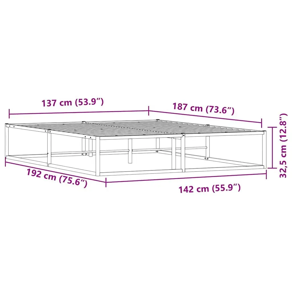 Double Metal Bed Frame White 137x187 cm Slatted Base Storage Bedroom