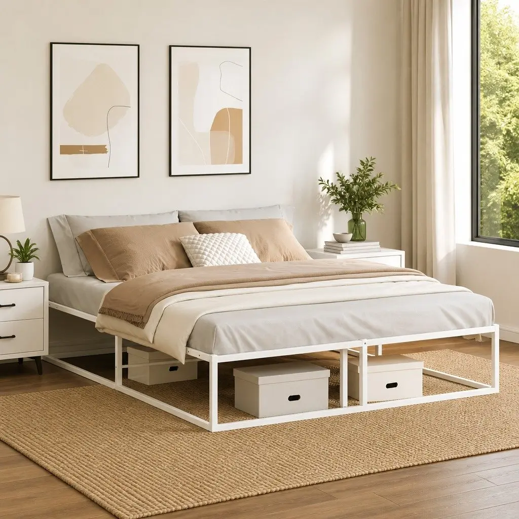 Metal Bed Frame for Bedroom 153x203 cm White