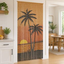 Insect Door Curtain Palm Tree Print 100x220 cm Bamboo Fly Screen Beaded