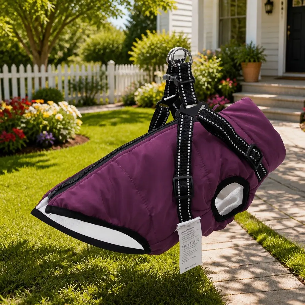 Dog Coat with Built-in Harness Waterproof Reflective Winter Jacket 2XL Purple