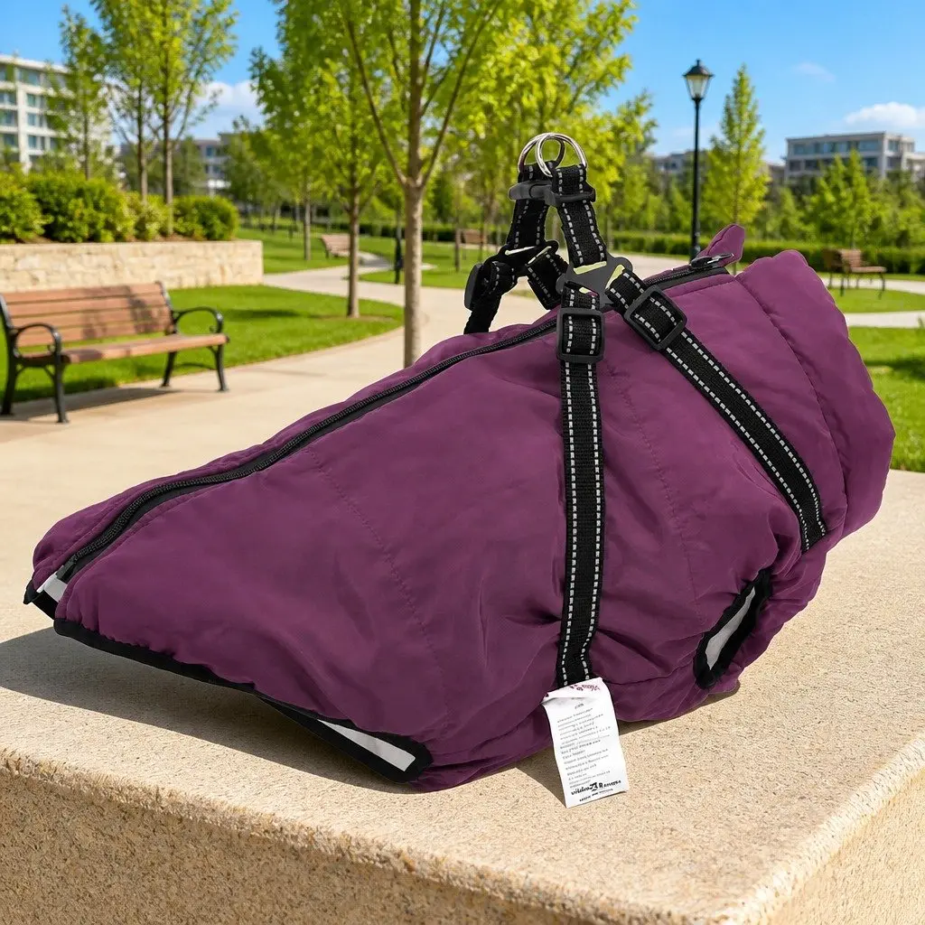 Purple Waterproof Dog Coat with Harness 3XL
