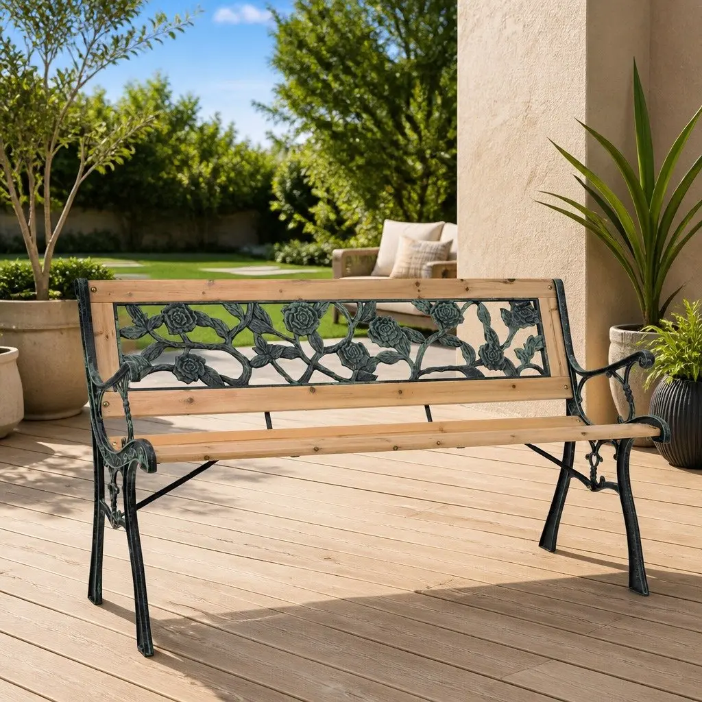 Garden Bench Outdoor Seating 122cm Brown Decorative Wooden Frame Backrest
