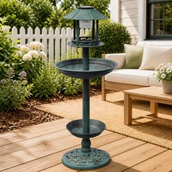 Bird Bath and Feeder with Solar Light Garden Decor Outdoor Patio Balcony Green