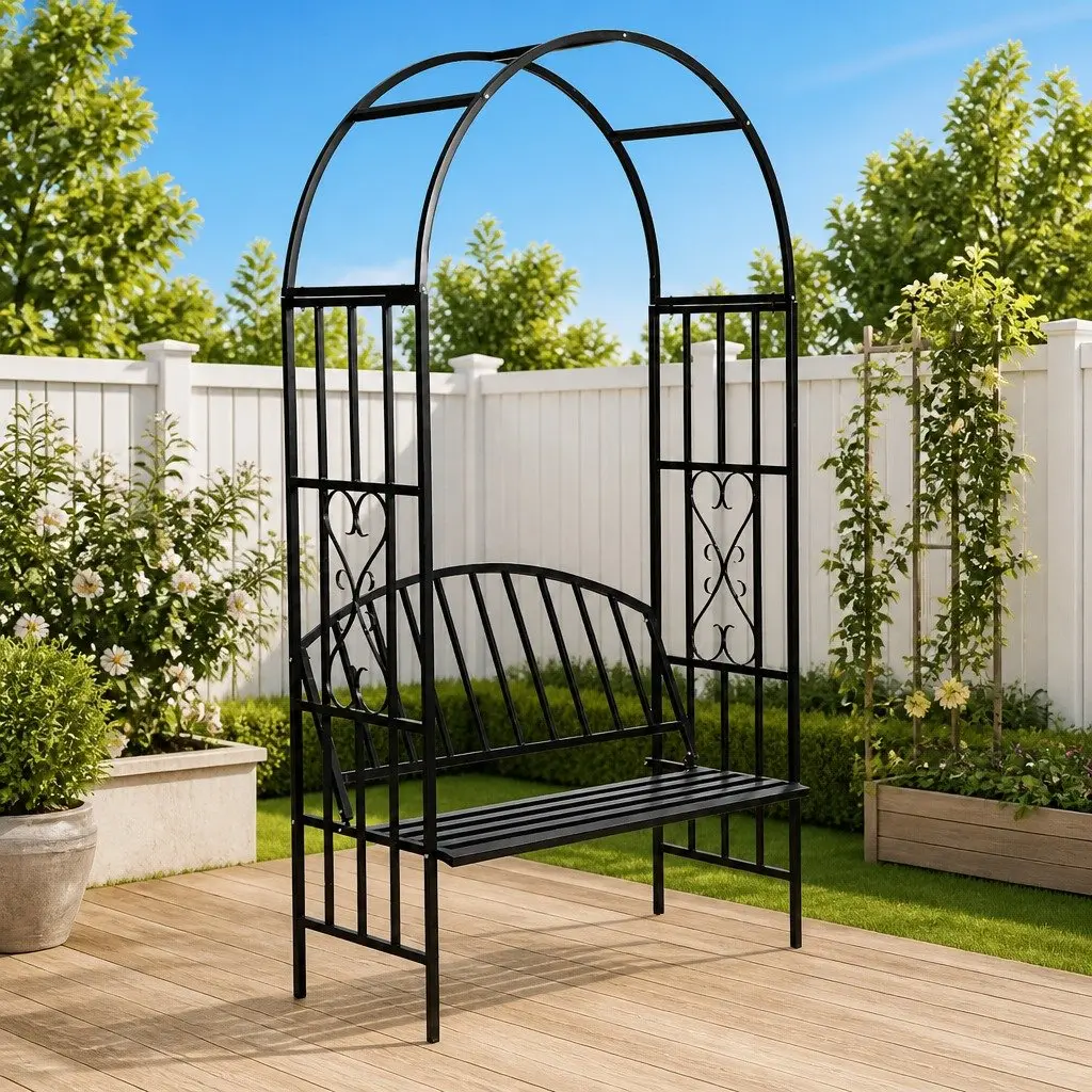 Black Garden Arch with Bench Seating
