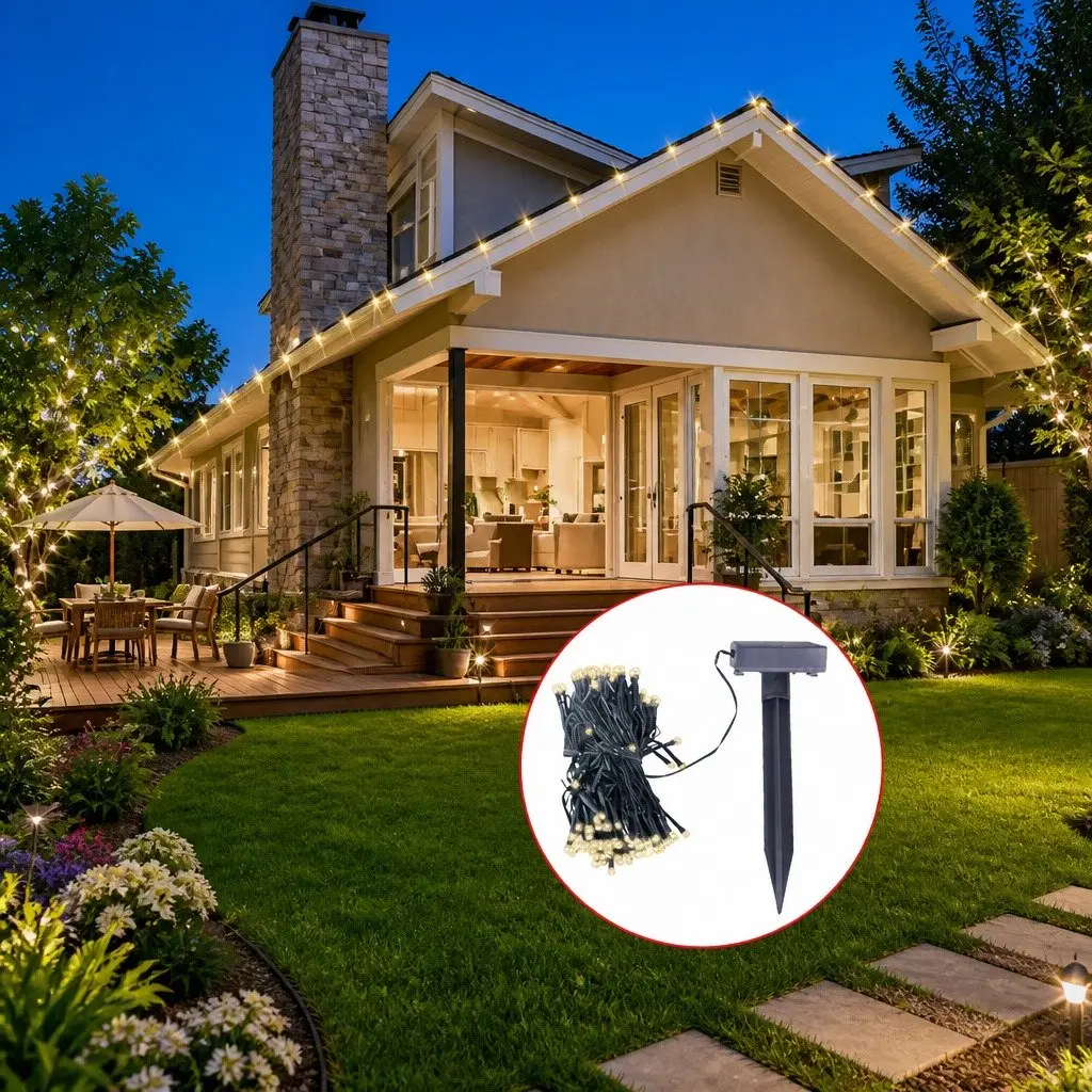 LED Solar String Lights 200 Beads Warm White Outdoor Garden Christmas Decoration