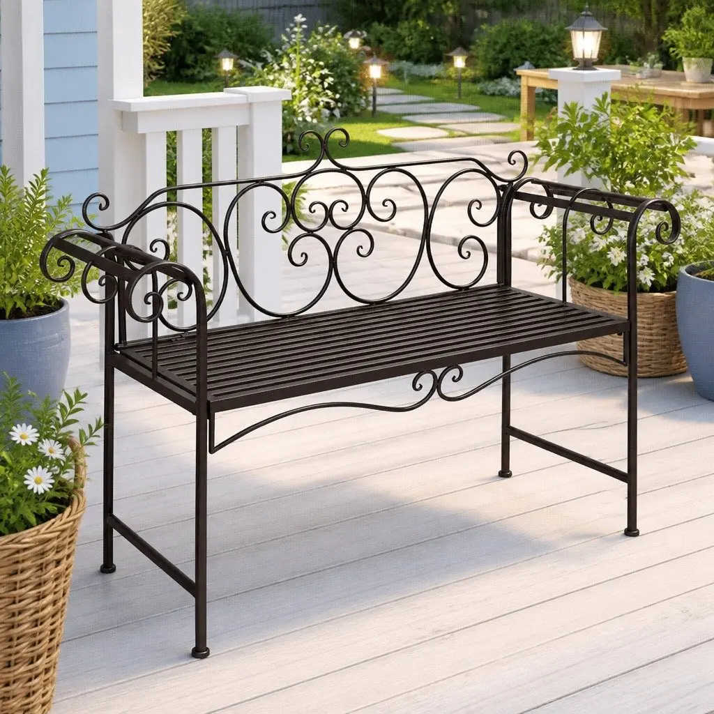 Metal Frame Garden Bench 132cm Weatherproof Outdoor Seating Brown