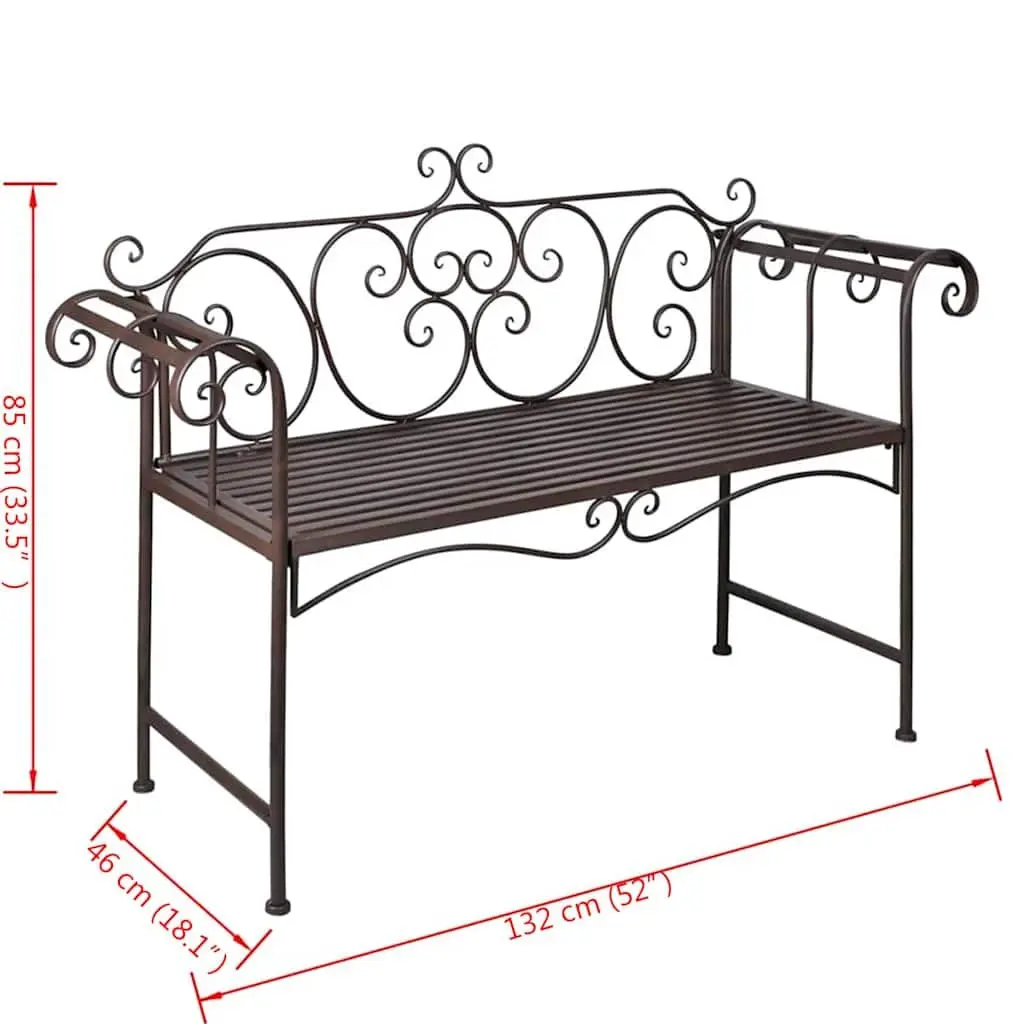 Metal Frame Garden Bench 132cm Weatherproof Outdoor Seating Brown