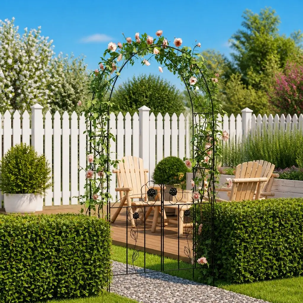 Garden Arch with Door for Outdoor Use Black Iron Size