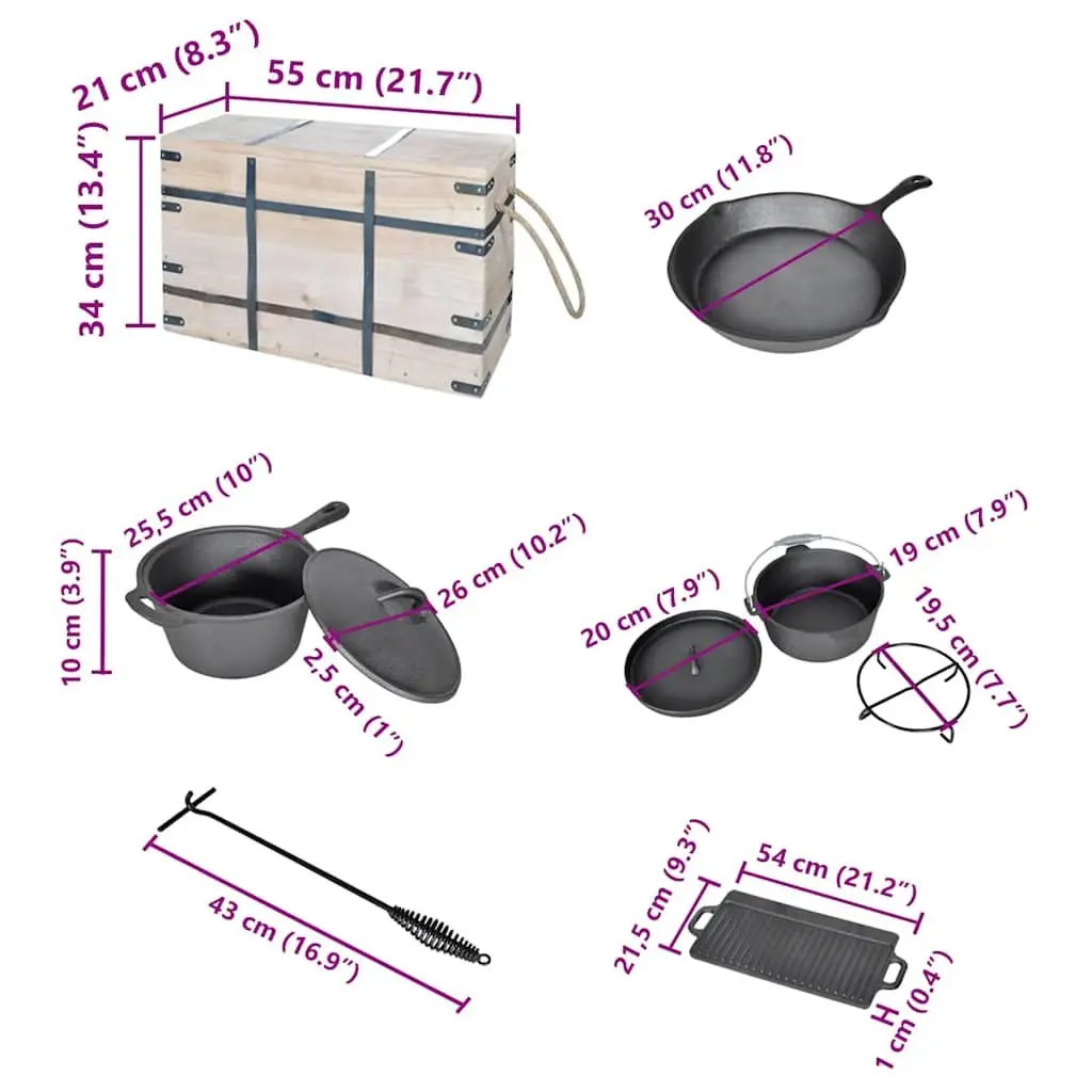 Dutch Oven Set 9pcs Black Cookware Grill Pan Picnic Outdoor BBQ Camping Tools