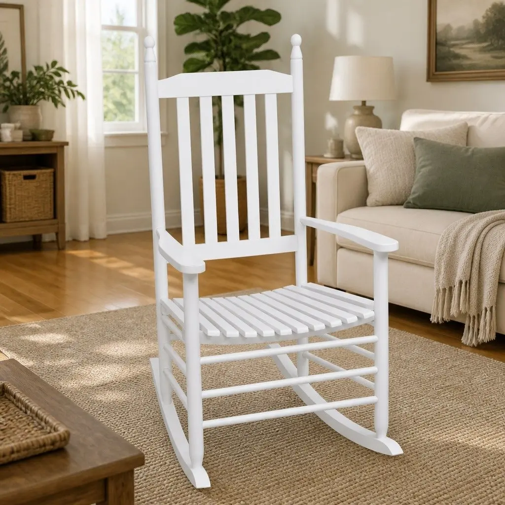 Rocking Chair Indoor Outdoor Garden Patio White Solid Hardwood Curved Seat