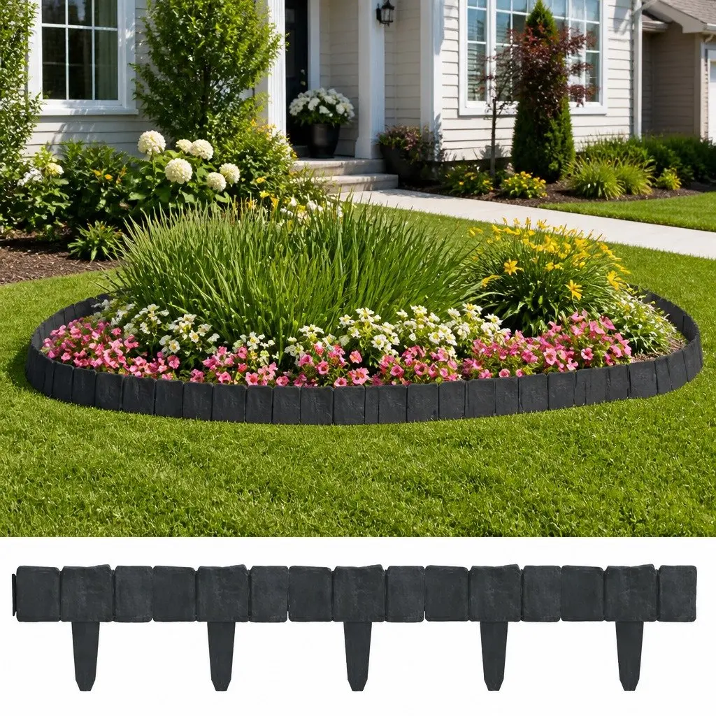 Garden Lawn Fence Edging Outdoor Use 10m Grey Stone Look