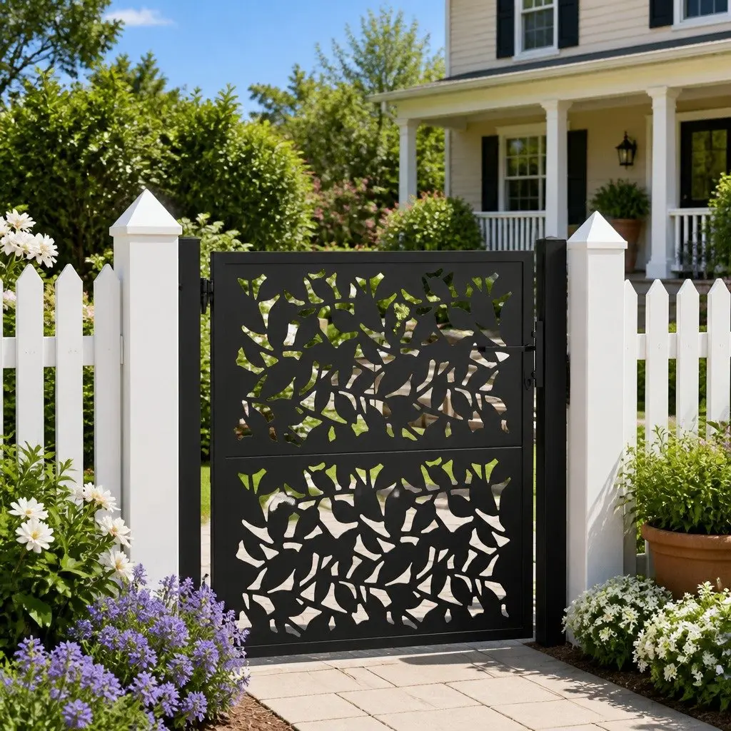Garden Gate Black 100x100 cm Steel Laser-Cut Design Lockable Entrance Patio