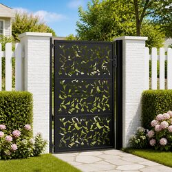 100x150 cm Black Steel Garden Gate with Leaf Pattern