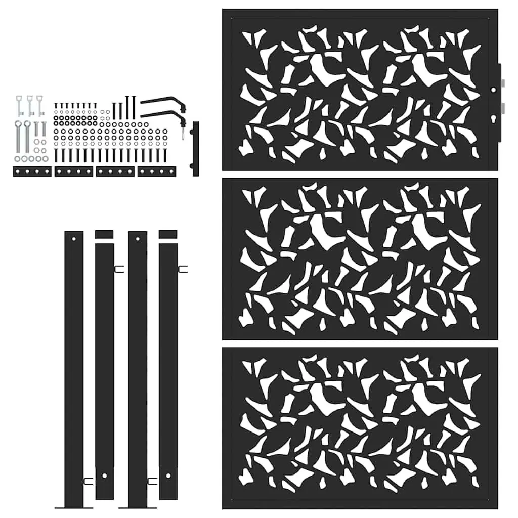 100x150 cm Black Steel Garden Gate with Leaf Pattern