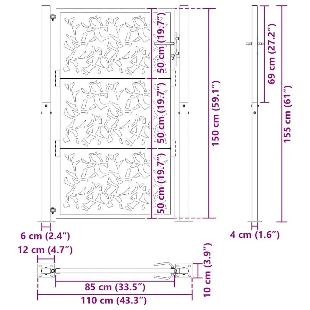 100x150 cm Black Steel Garden Gate with Leaf Pattern