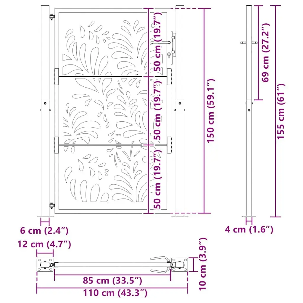Garden Gate Black 100x150 cm Steel Wave Design Laser-Cut Outdoor Fence Entry