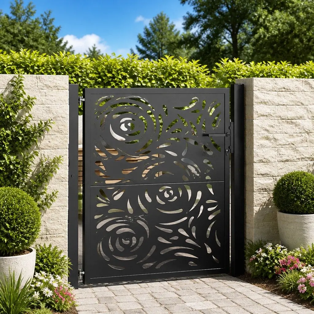 Garden Gate Black 100x100 cm Steel Flame Design Outdoor Patio Entrance Lockable