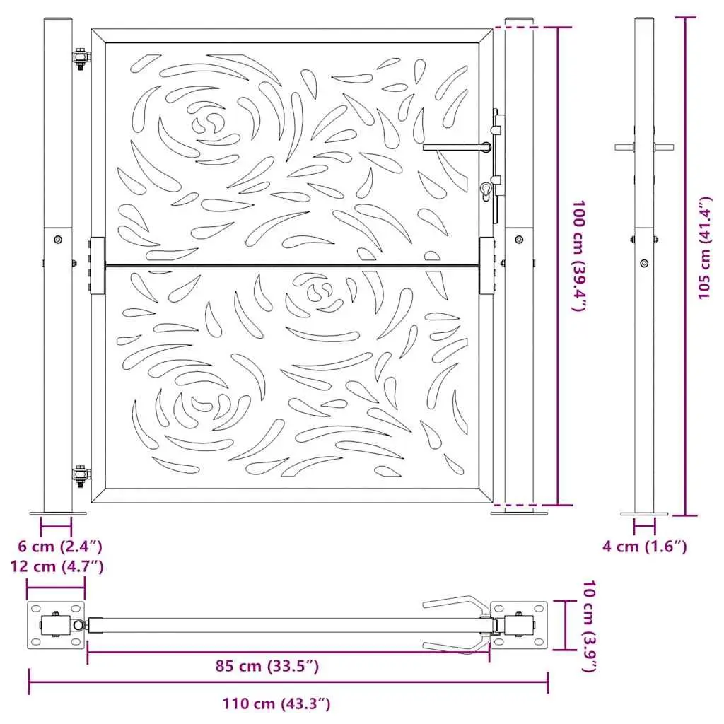 Garden Gate Black 100x100 cm Steel Flame Design Outdoor Patio Entrance Lockable