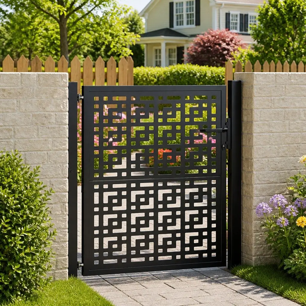 Garden Gate Black 100x100 cm Steel Cross Design Outdoor Fence Entry Lockable