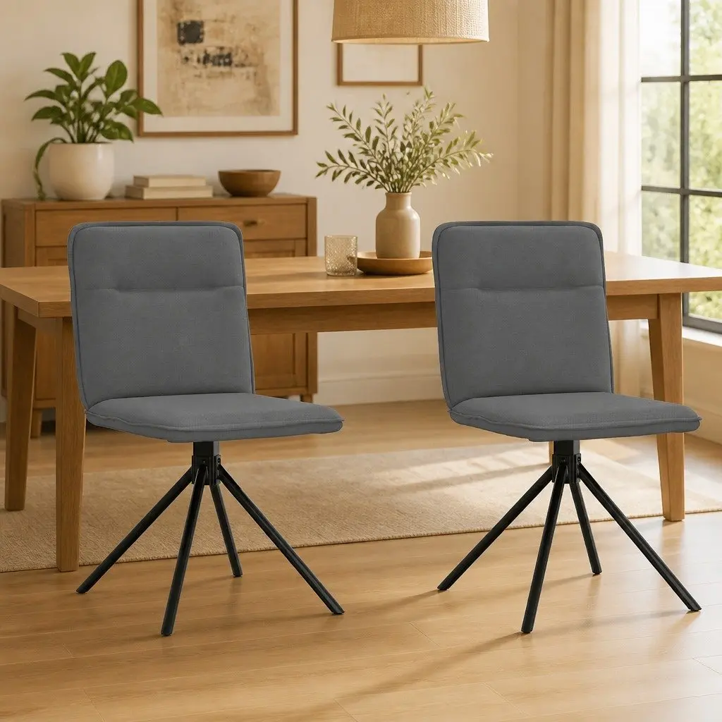2 pcs Grey Fabric Swivel Dining Chairs