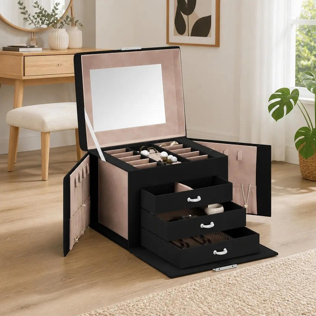 Jewellery Box 4-Layer Organiser with Mirror for Storage Black