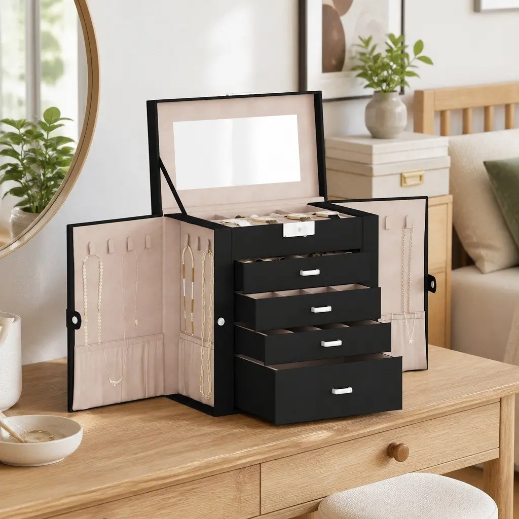 Jewellery Box 5-Layer for Organising Jewellery Collection with Mirror and Lock Black