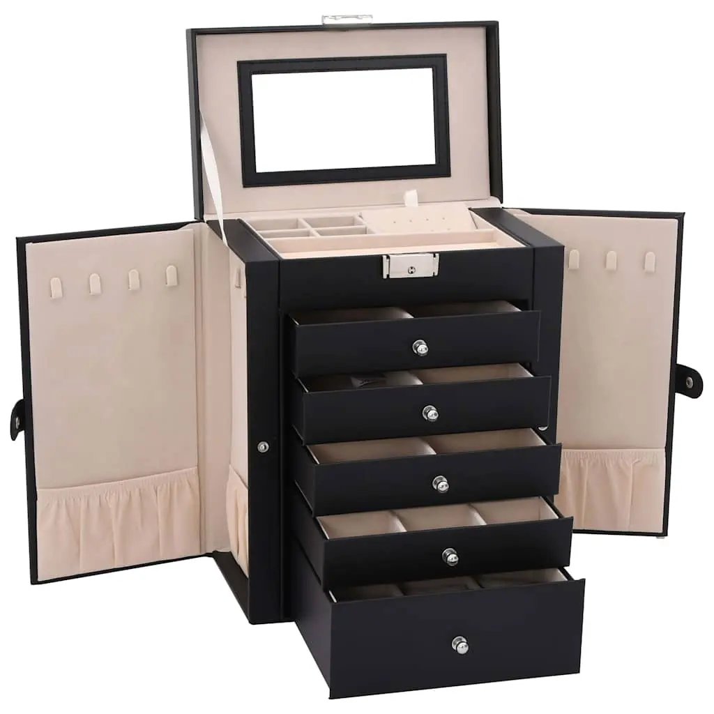 Jewellery Box Organiser Storage Case for Use in Bedroom 6 Layer with Mirror Lockable Black