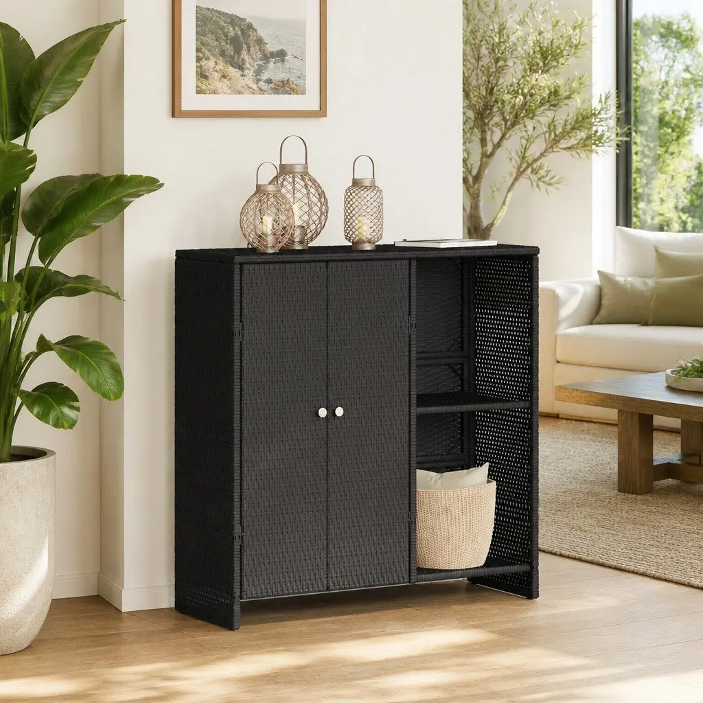 Black Rectangular Storage Cabinet with Rattan Construction