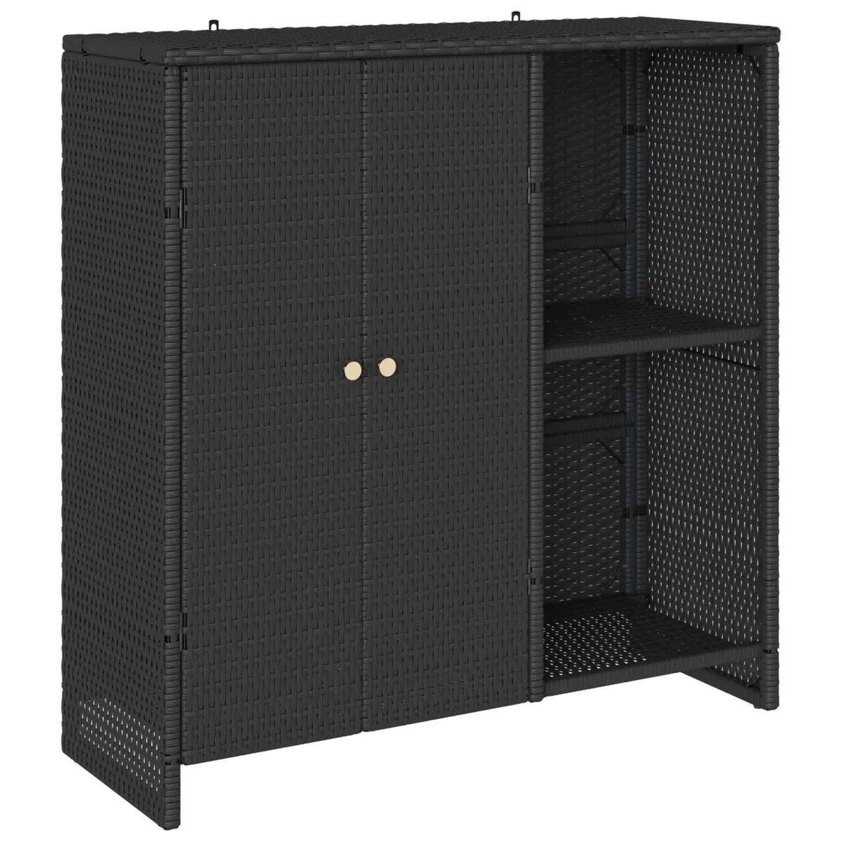 Black Rectangular Storage Cabinet with Rattan Construction