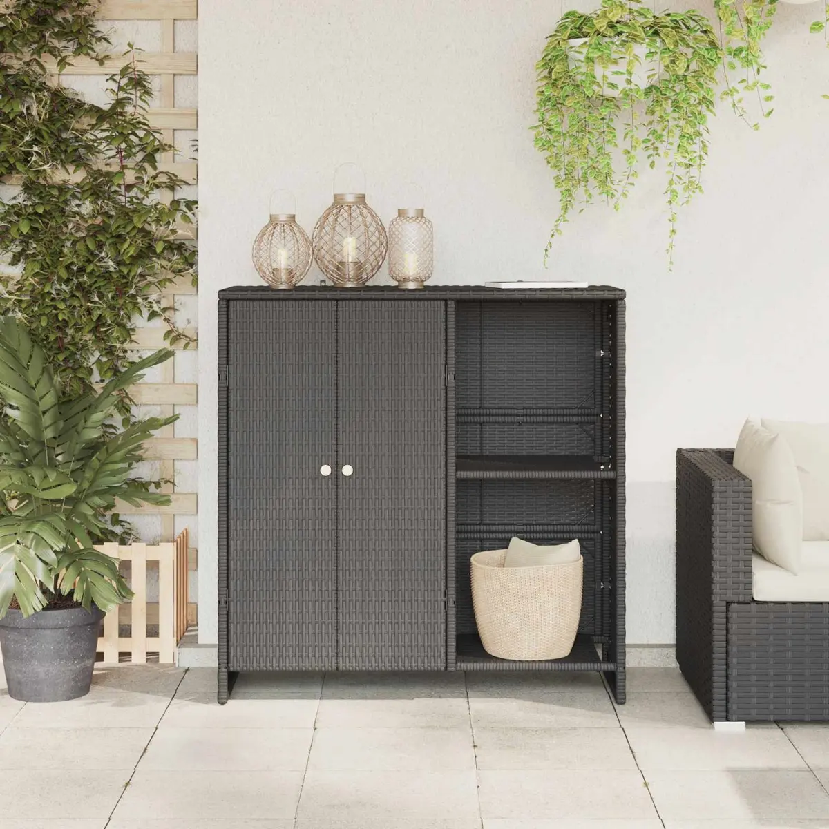 Black Rectangular Storage Cabinet with Rattan Construction