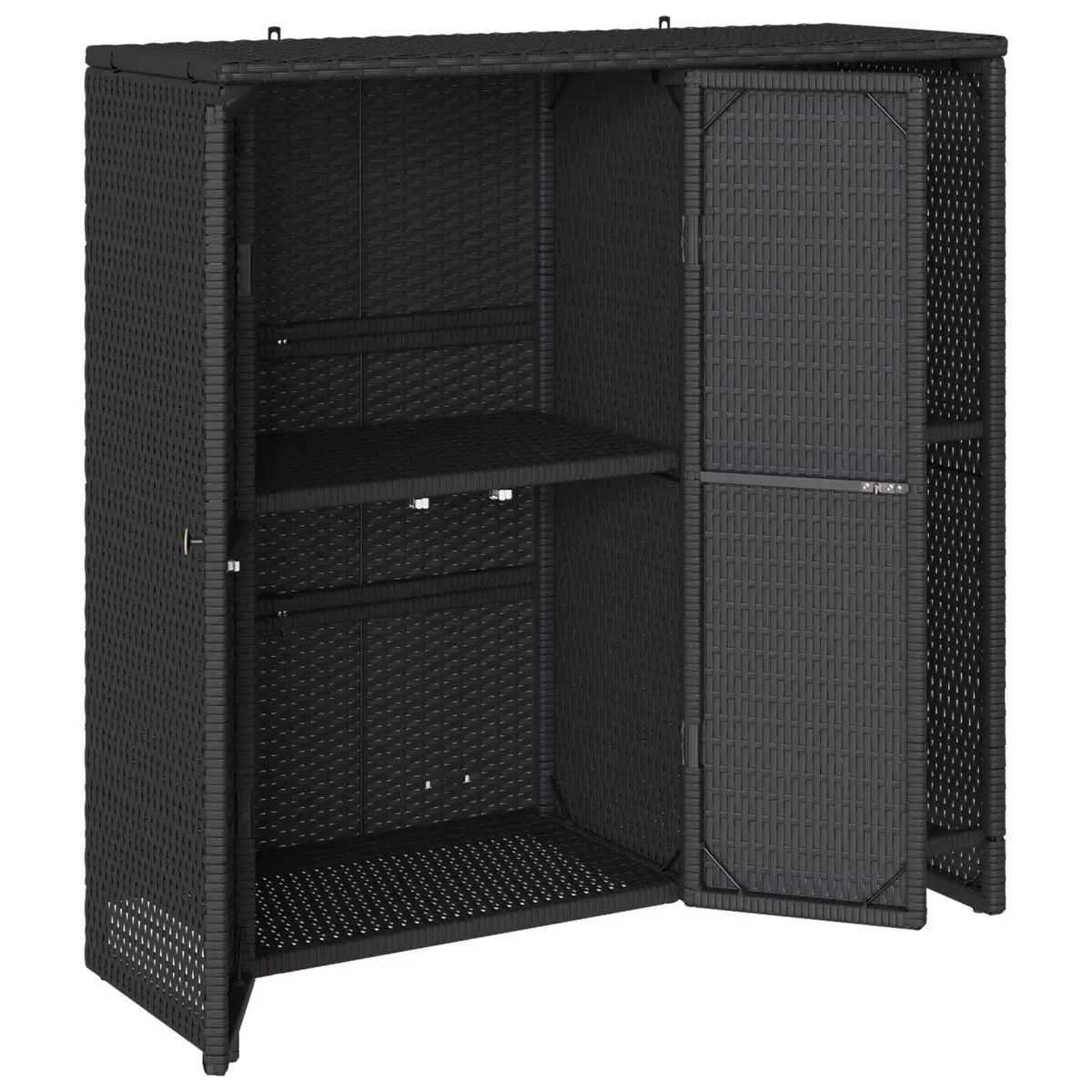 Black Rectangular Storage Cabinet with Rattan Construction